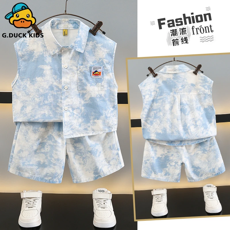 小黄鸭儿童夏装套装2024新款男童装休闲无袖洋气薄款衬衫两件套潮