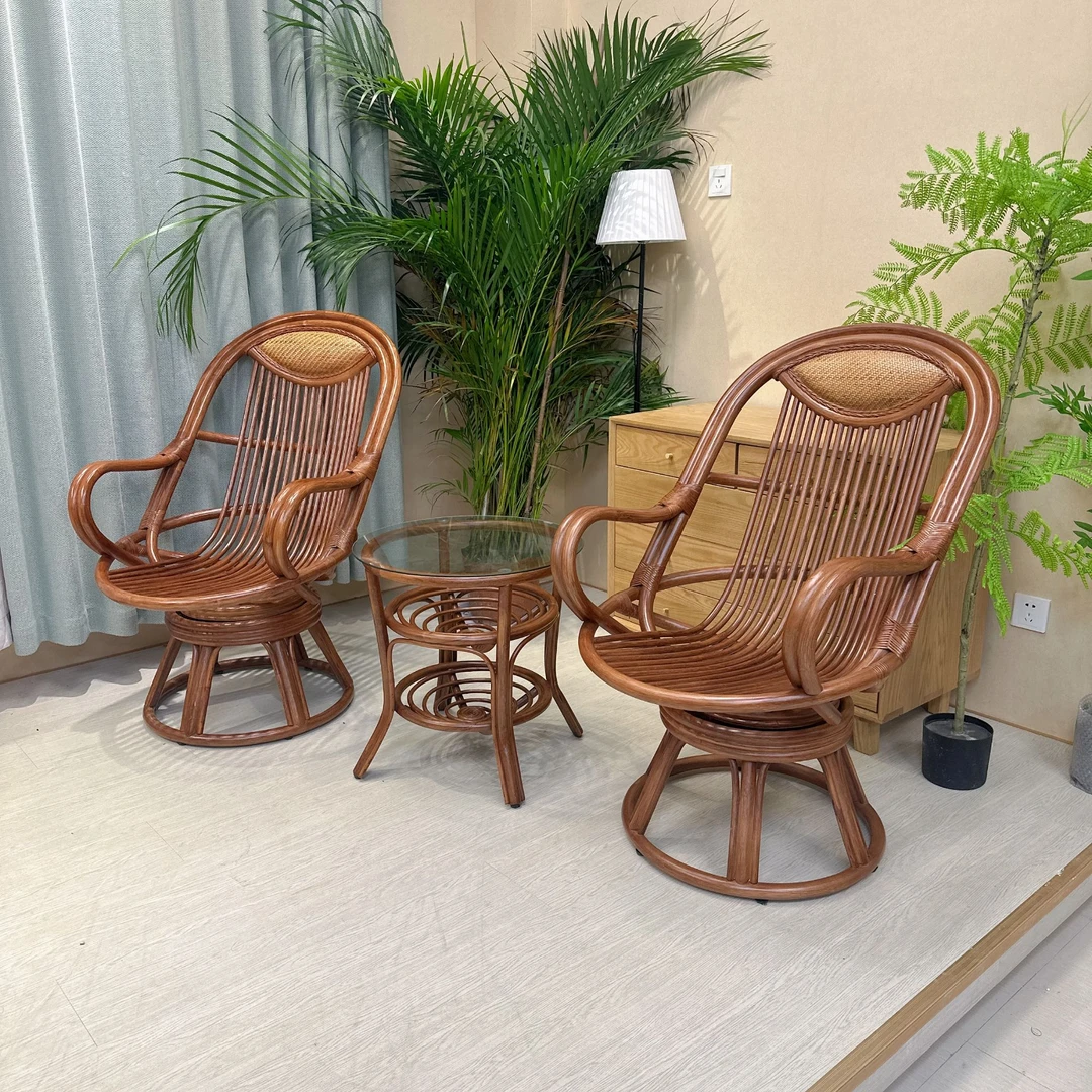 【南象家居】手工双杆扶手头枕转转椅套装客厅家用桌椅藤编旋转椅