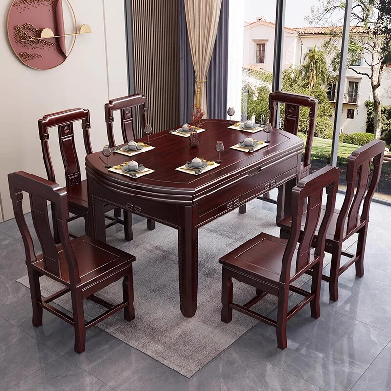 菠萝格新中式方圆两用桌家用餐厅可伸缩饭桌子吃饭桌轻奢简约