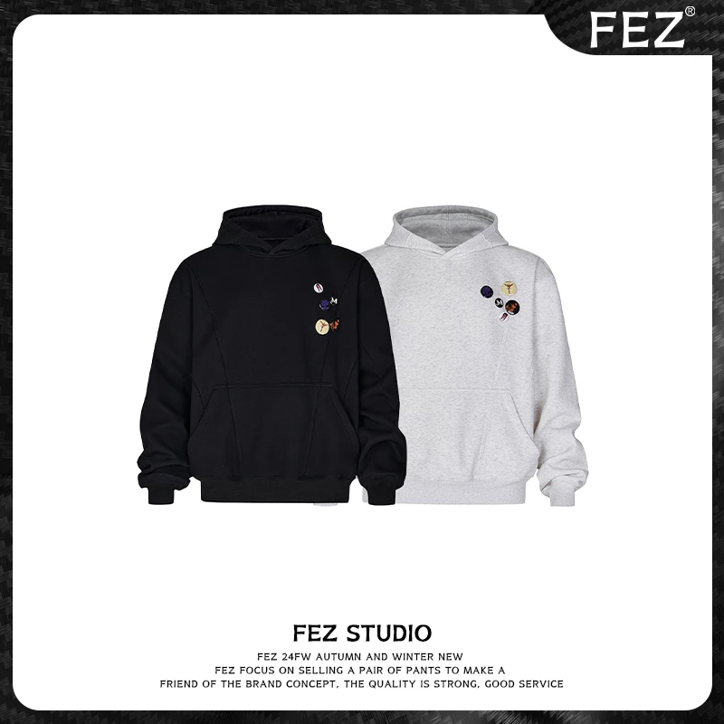 FEZ 高级氛围感解扣胸章box短宽纯色连帽卫衣