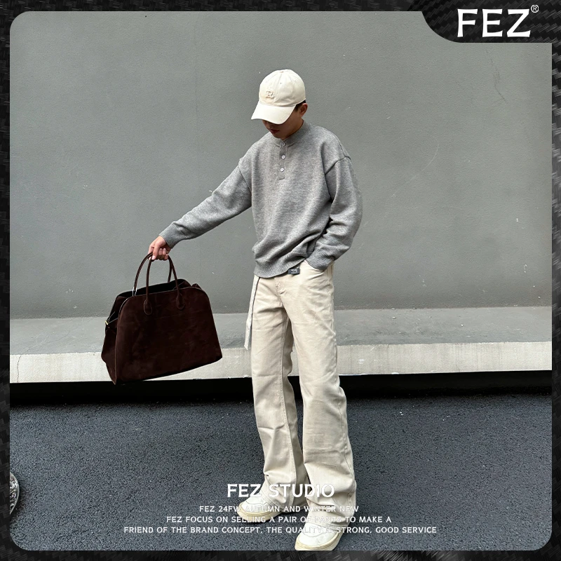 FEZ美式复古弯刀高腰设计感可调节腰带5色百搭直筒牛仔裤宽松裤子