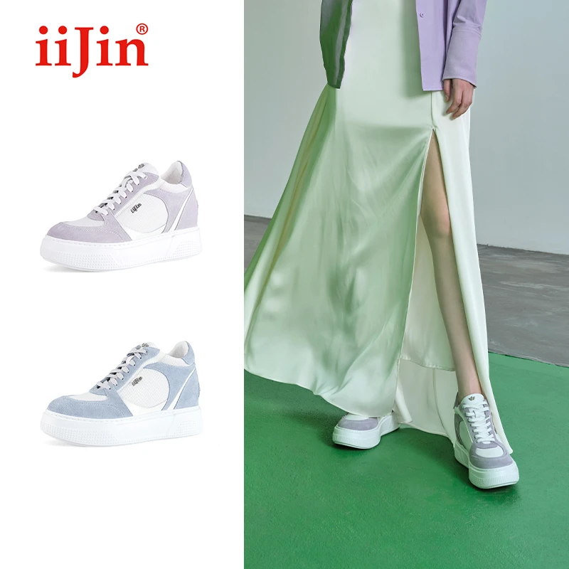 iiJin艾今24夏新品8cm厚底内增高超轻拼接透气休闲板鞋女YF261EEH