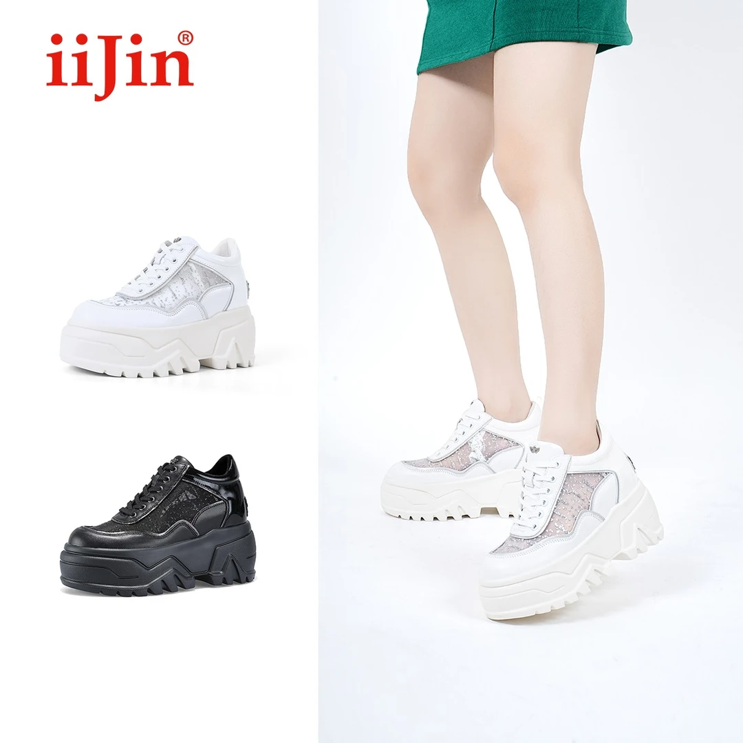 iiJin艾今24夏新品9.5cm厚底内增高时尚透气低帮休闲鞋女YF873VYB