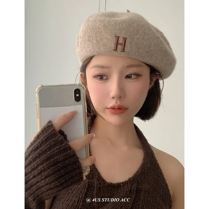 秋冬品质百搭贝雷帽子女韩版显脸小蓓蕾帽H字母英伦复古画家帽