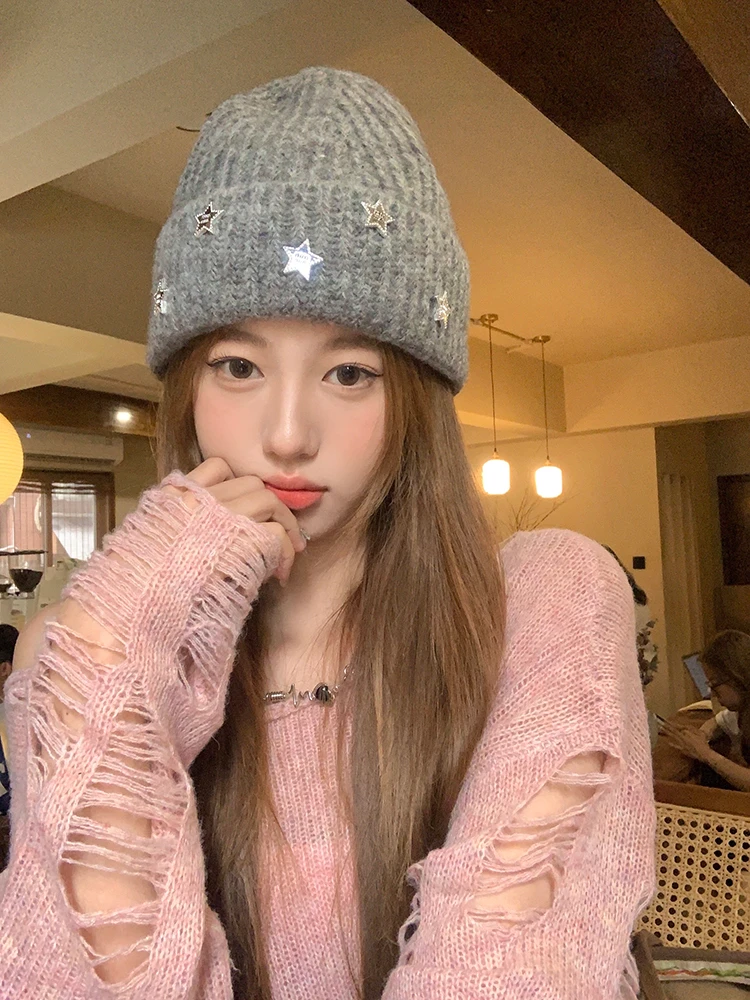 大头围针织帽子女秋保暖冬星星毛线帽韩版百搭冷帽堆堆帽包头帽子