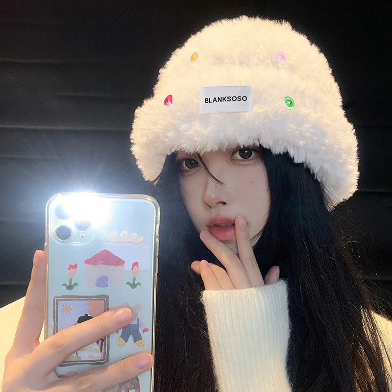 白鹿同款白色毛绒毛线帽子女冬季显脸小可爱保暖毛茸茸针织渔夫帽