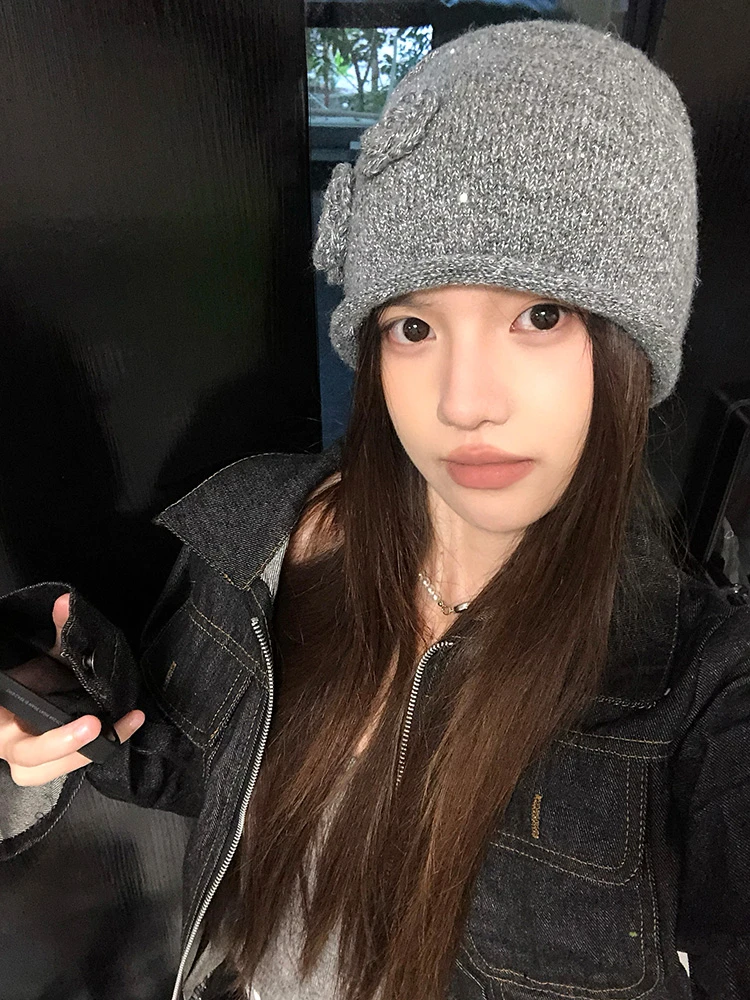 韩系ins卷边花朵亮片包头帽子女针织帽大头围套头帽显脸小冷帽