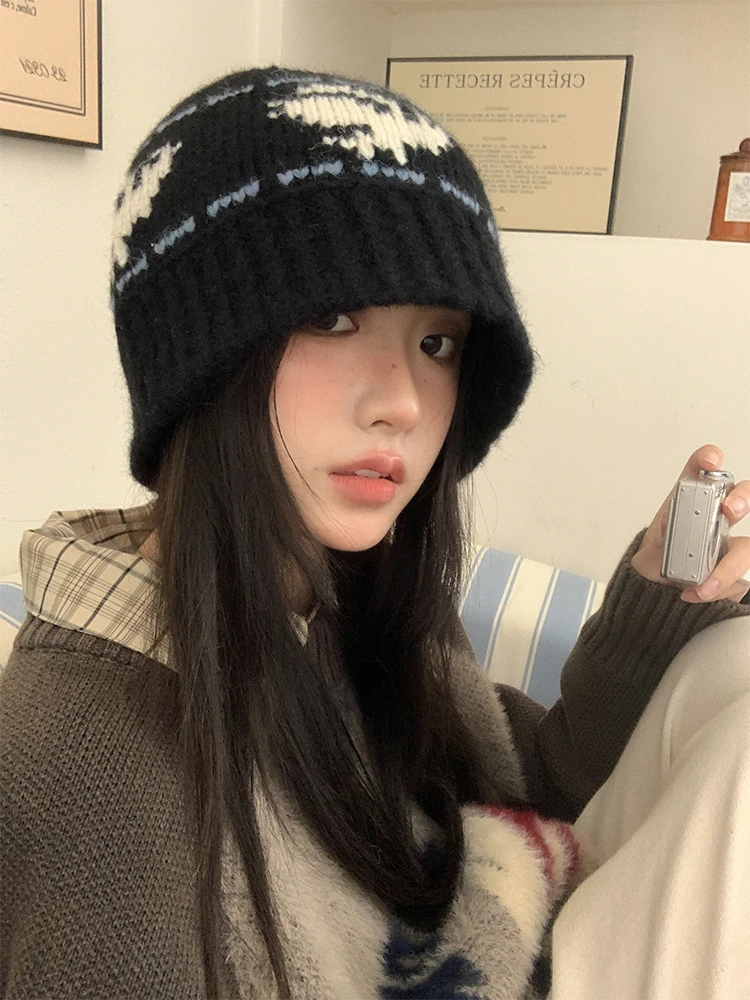 黑色复古针织帽女冬季韩系百搭显脸小毛线水桶帽加厚防寒保暖帽子