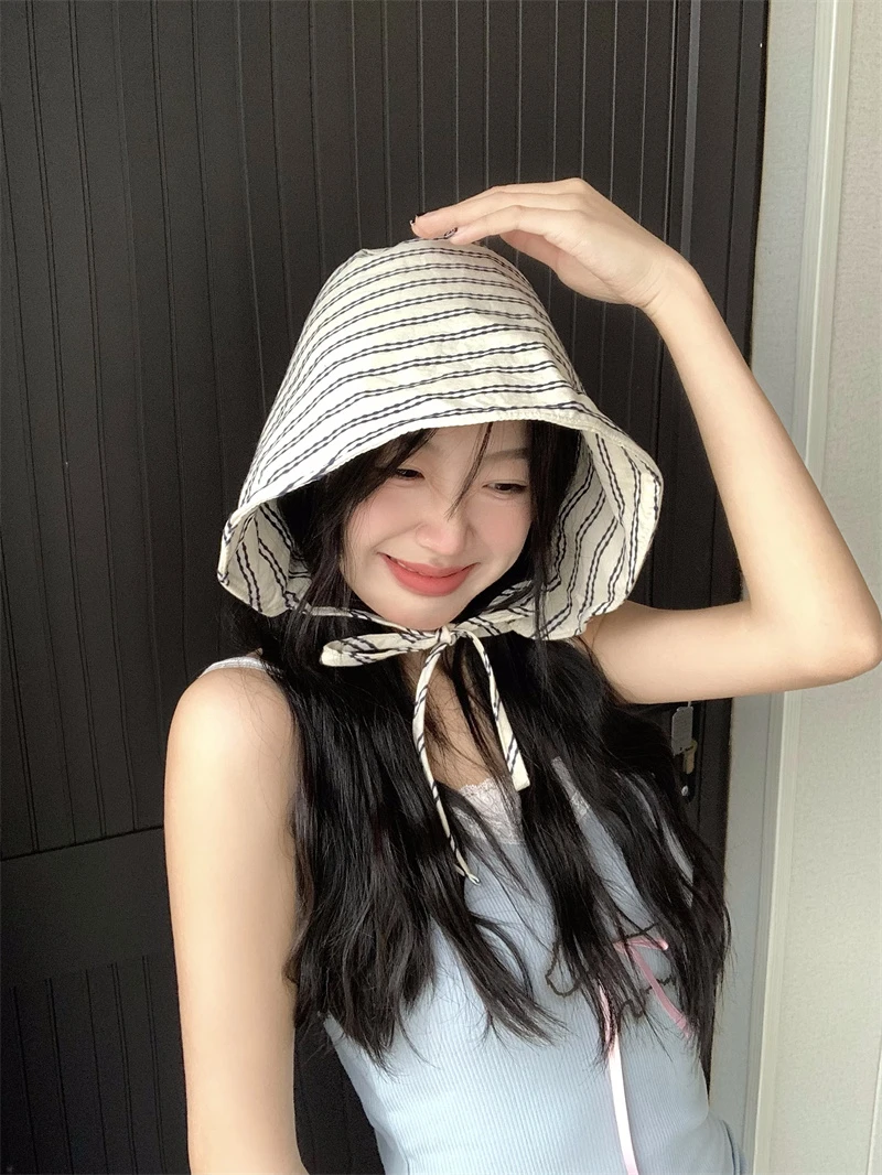 夏季女新款法式大檐渔夫帽小众条纹显脸小百搭遮脸水桶遮阳防晒帽