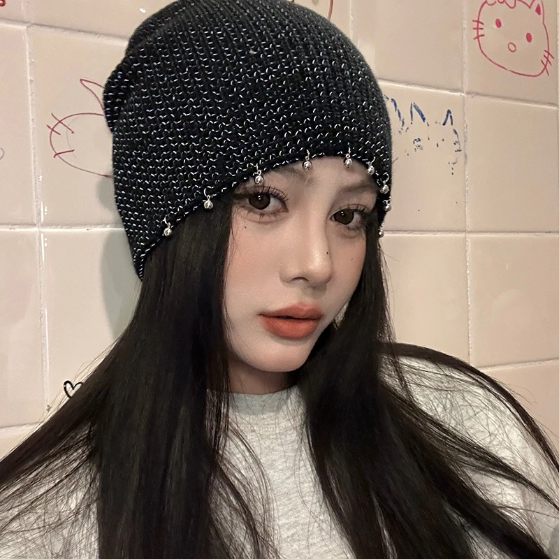 韩系复古钉珠针织包头帽女秋冬百搭时尚冷帽小众显脸小毛线帽子
