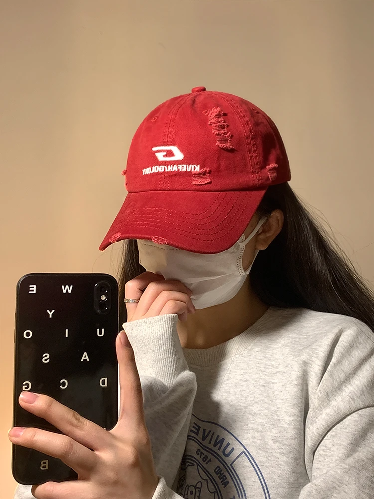 韩版字母刺绣破洞棒球帽子女春夏季百搭显脸小鸭舌帽男户外太阳帽