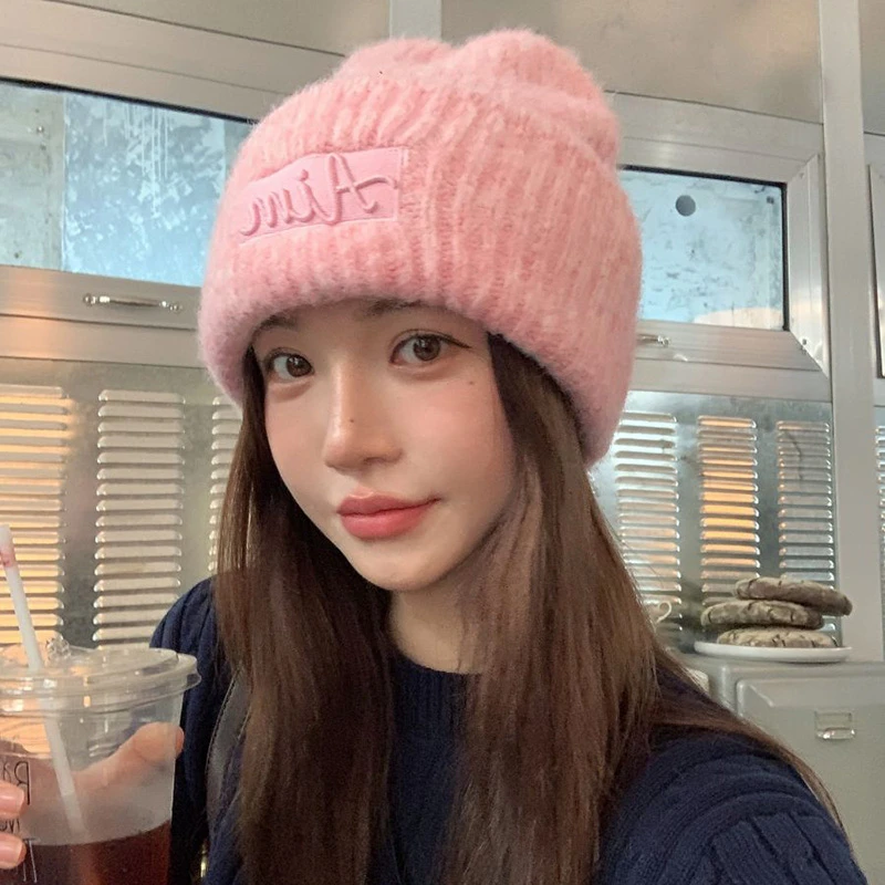 2023新款大头围毛线帽女秋冬显脸小字母针织帽粉色保暖帽子冷帽男