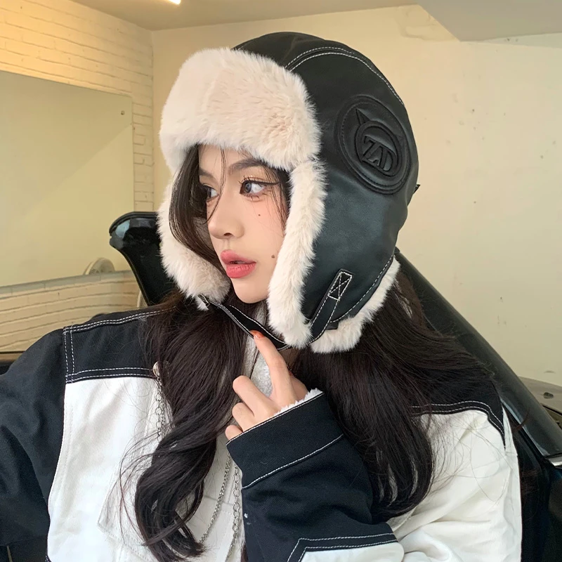 雷锋帽女秋冬加厚保暖PU皮质毛绒帽户外滑雪防寒护耳帽飞行帽潮男