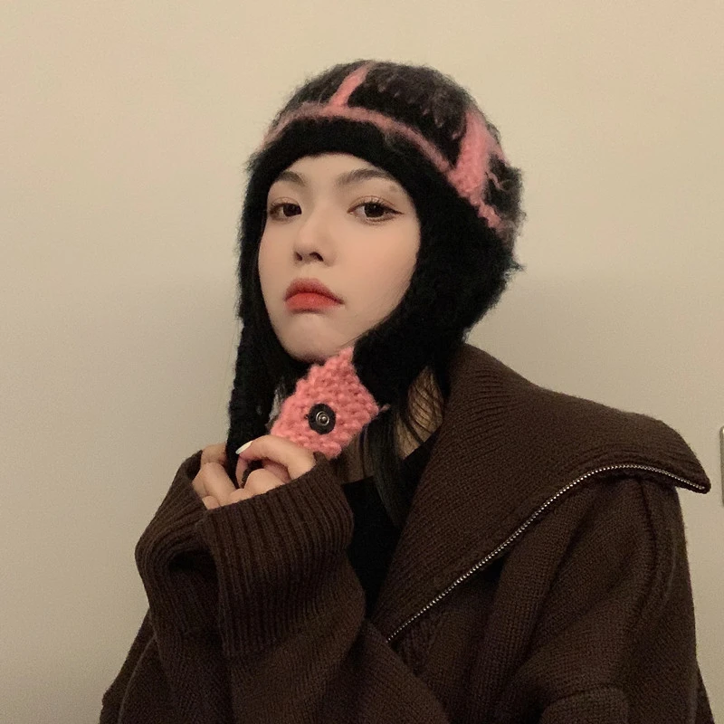 秋冬新款手工保暖可爱针织雷锋帽子女复古休闲护耳毛线帽针织帽潮