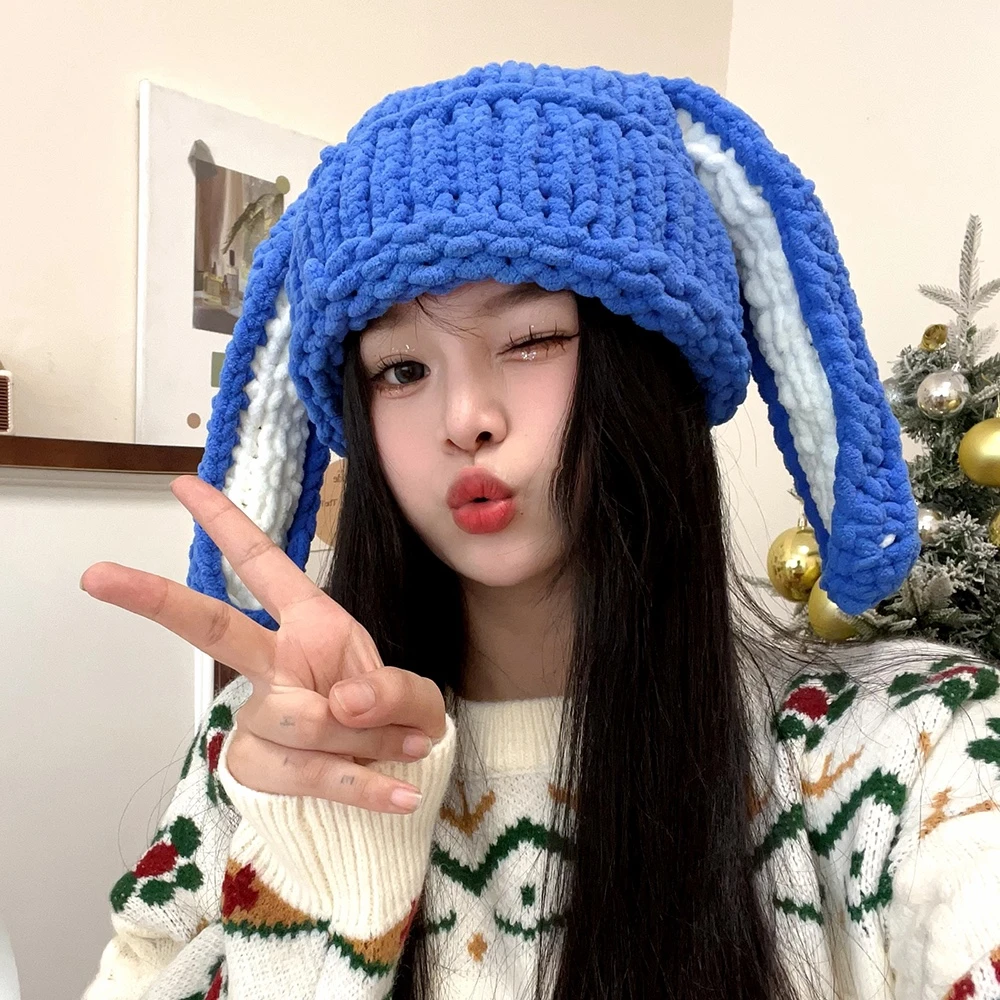 可爱长耳朵兔子帽粗毛线雷锋帽女秋冬加厚保暖百搭护耳针织毛线帽