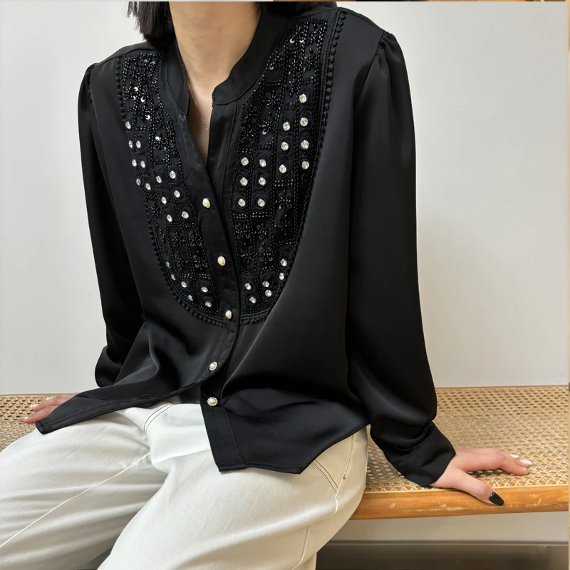 【大福专属】高级轻奢重工镶钻钉珠V领衬衫800477【Q】