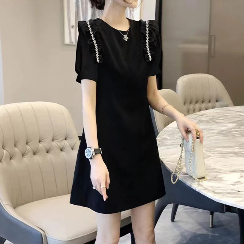 【俏丽佳人】气质重工木耳边镶钻米兰斜连衣裙300042