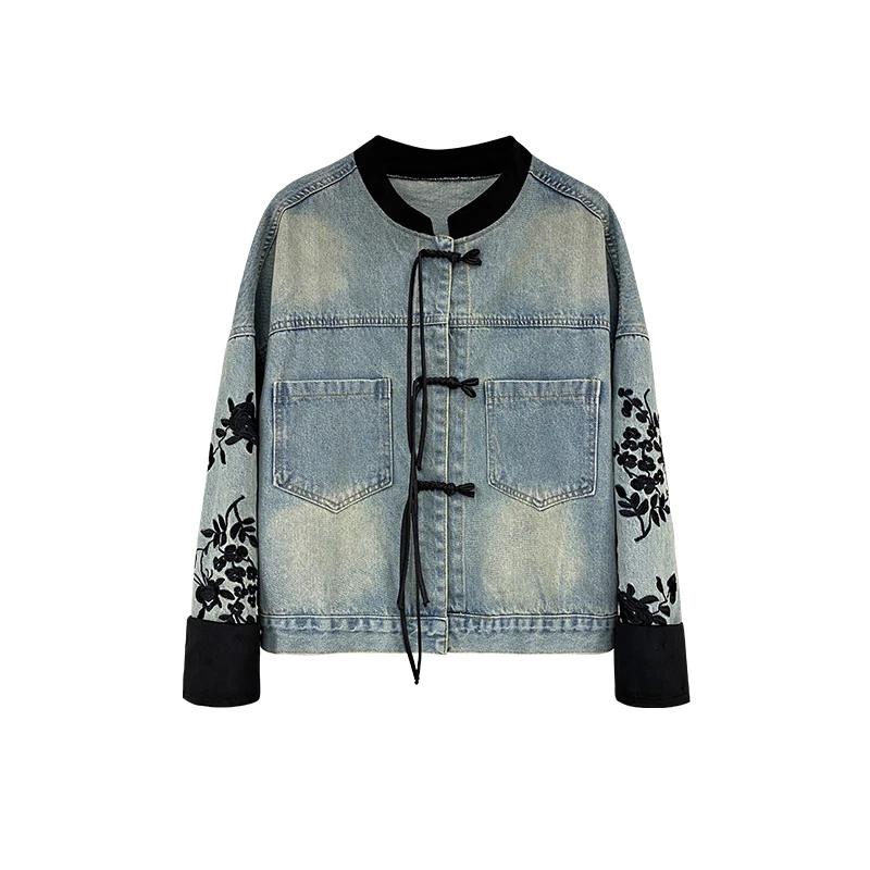 时尚高级设计撞色拼接国风刺绣牛仔外套800610【Q】