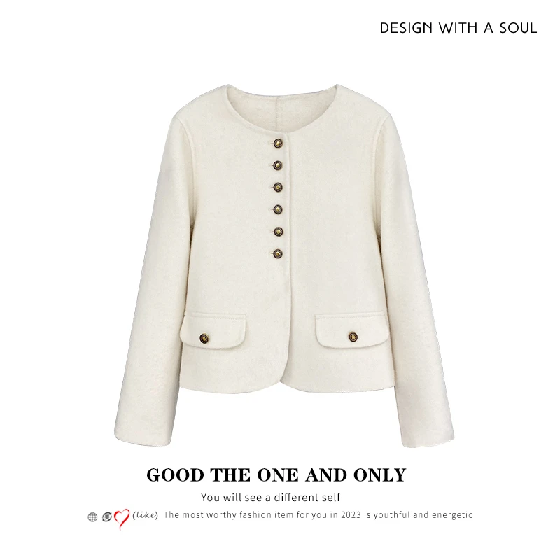 时尚气质小香风排扣双面毛羊毛短款大衣103198【Q】