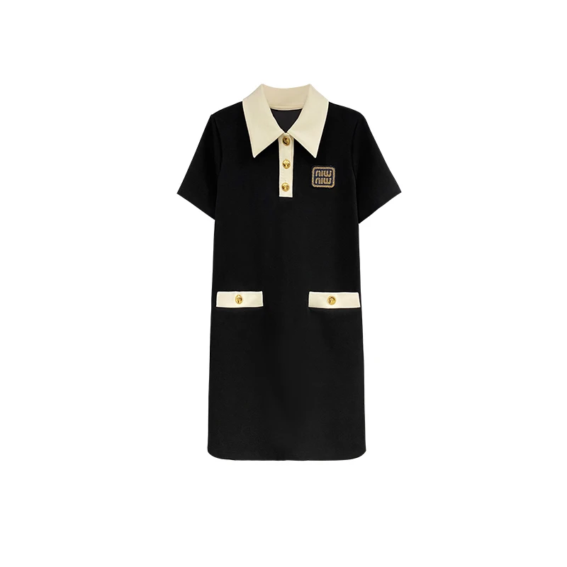 时尚高级撞色拼接POLO领中长款连衣裙800711