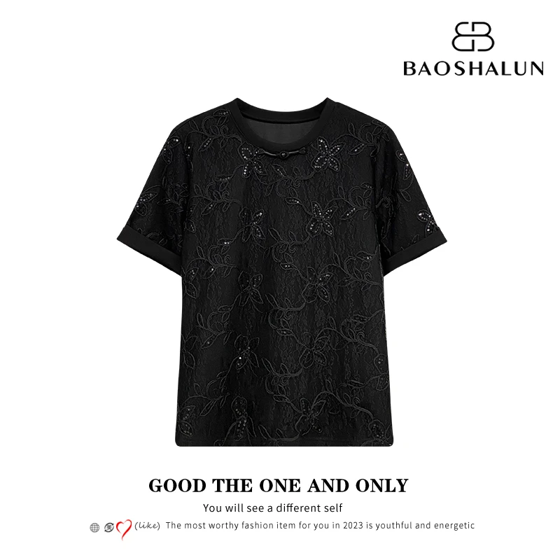 【梨花落】时尚高级新中式拼接网纱重工钩花T恤300907