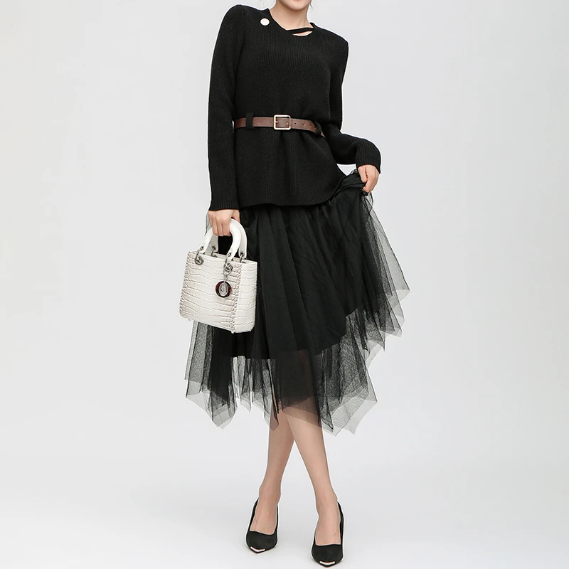 设计感针织毛衣+半身纱裙两件套配腰带800367