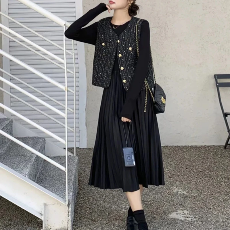 【品牌破价】精致气质连衣裙+小香马甲时尚气质套装103098