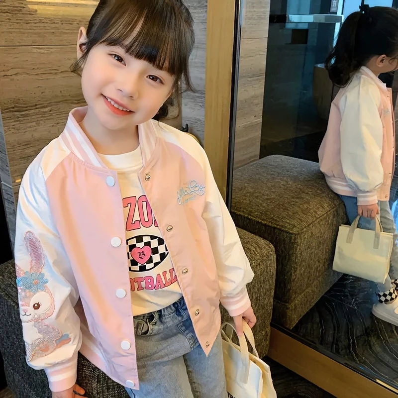 女童外套春秋款2024新款儿童洋气时尚卡通棒球服开衫夹克上衣