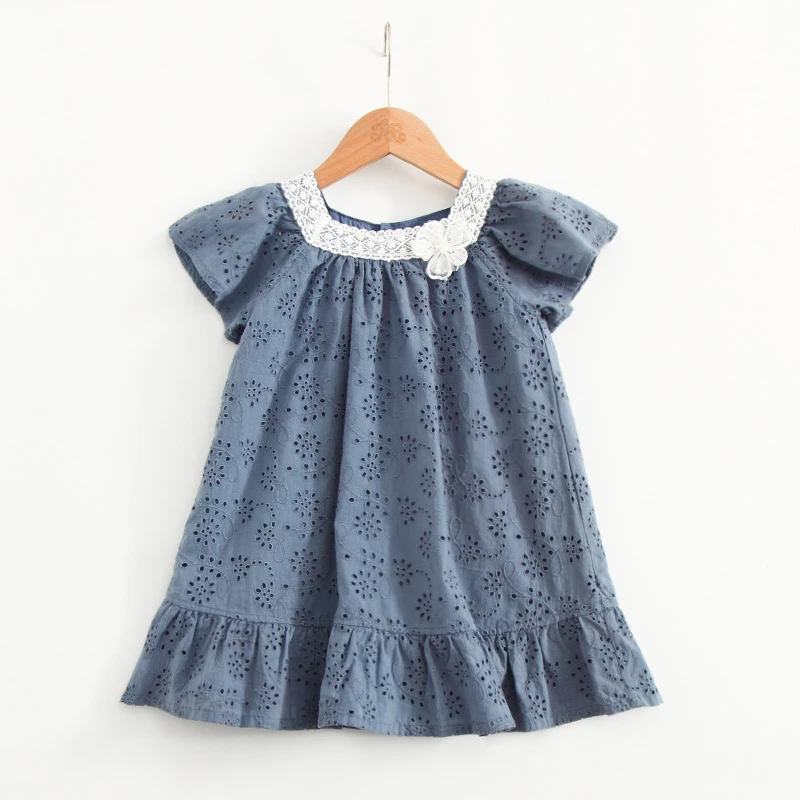 女童法式方领纯棉宝宝连衣裙小童夏季新款洋气薄款蓝色刺绣裙子