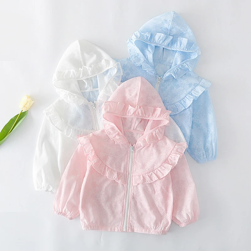 儿童薄款连帽外套女童暗花全棉透气轻薄舒适外套连帽防晒衣