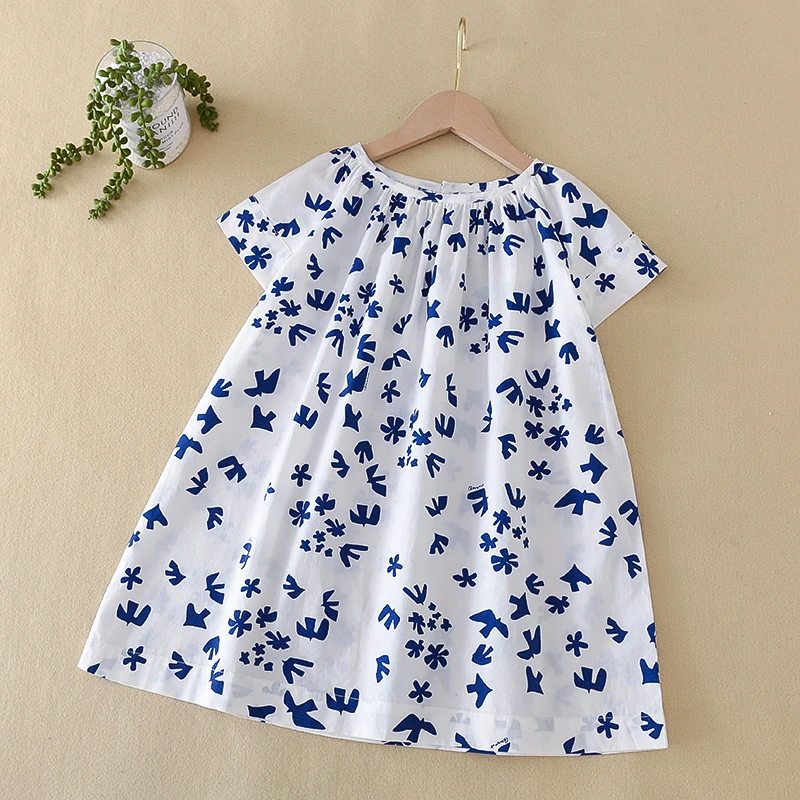 儿童纯棉宽松连衣裙女童蓝色海鸥连衣裙短袖连衣裙夏季裙子229