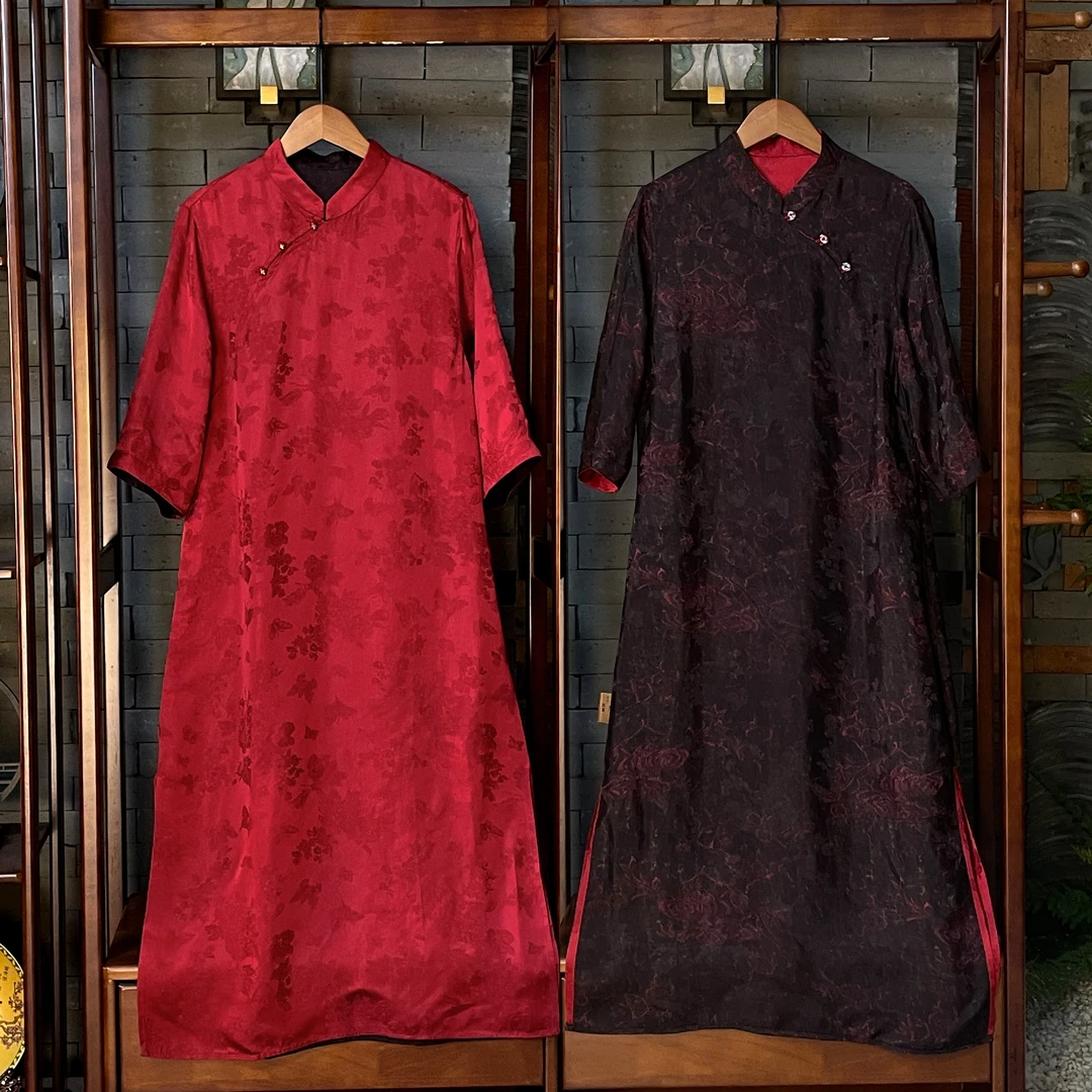 【湘妃】2024新款秋季新中式国风连衣裙双面双穿女装人丝长裙