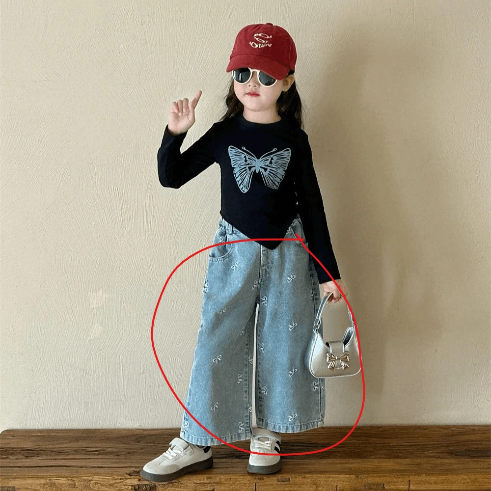 2024秋季新款女童洋气蝴蝶结牛仔裤韩版儿童长裤子宝宝休闲阔腿裤