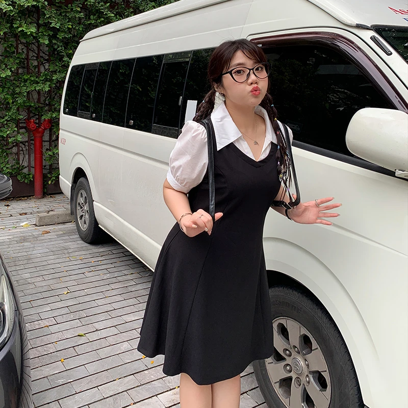 YUZI/鱼子夏季大码休闲高腰A字版型学院风法式连衣裙时尚气质显瘦