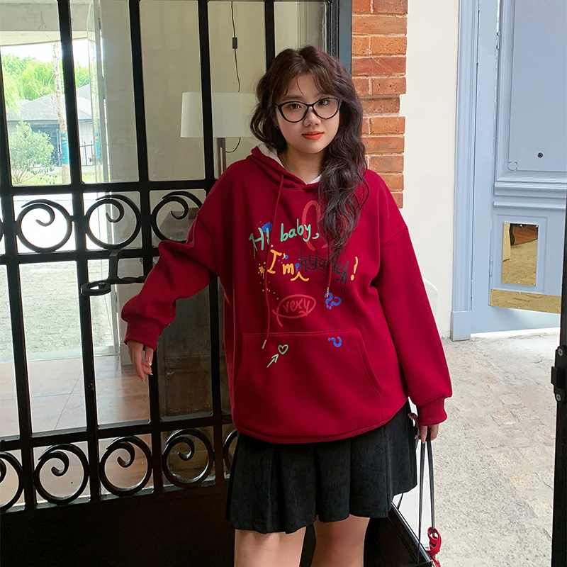 YUZI/鱼子2024冬季新年款大码宽松加绒休闲卫衣显瘦遮肉 时尚百搭