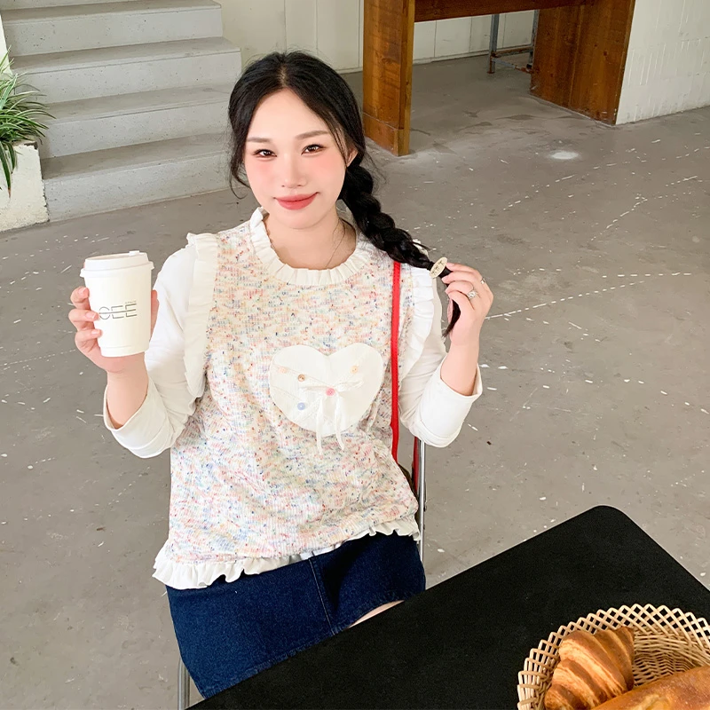 YUZI/鱼子2024年秋款学院风甜美粉色针织宽松圆领荷叶边马甲背心