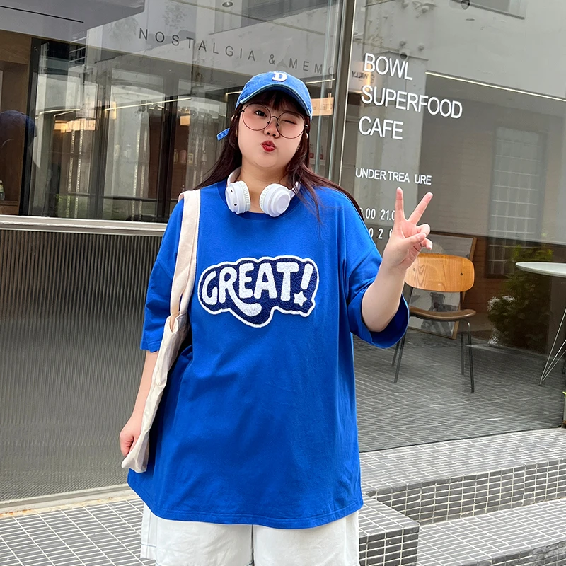 YUZI/鱼子大码微胖MM上衣克莱因蓝休闲百搭情侣夏季宽松印花T恤ol