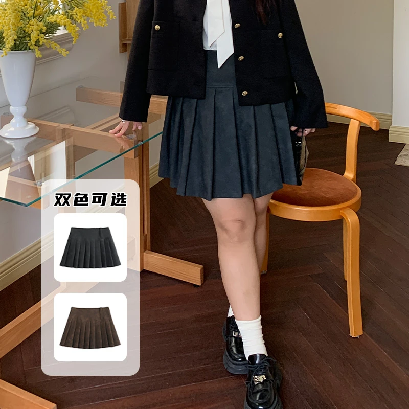 YUZI/鱼子2024秋季新款大码显瘦高腰学院风百褶短裙韩版小众设计