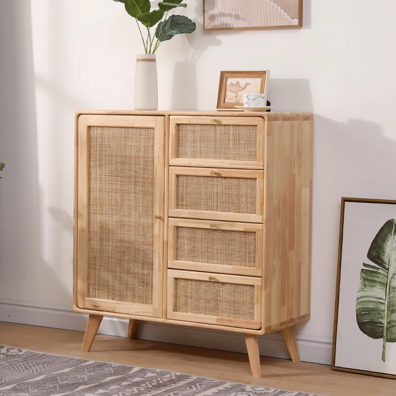 北欧餐边柜实木藤编斗柜原木色客厅储物收纳柜现代简约日式玄关柜