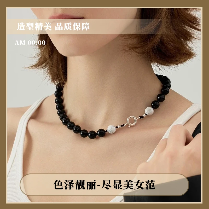 时髦夸张天然黑玛瑙项链手工打结法锁骨链高级小众阿水同款