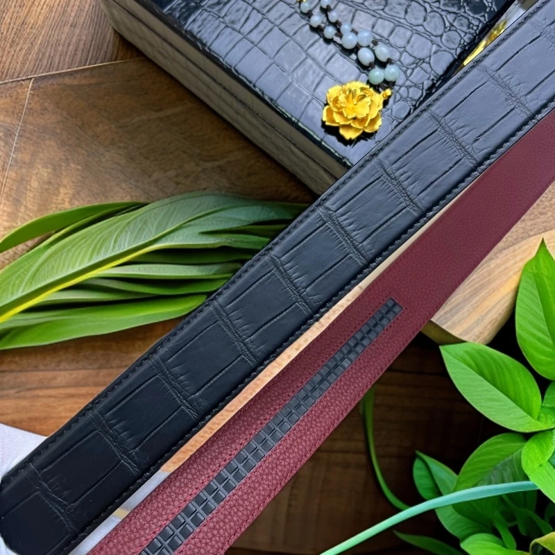 3.8cm自动扣 鳄鱼皮真皮男士湾雾面时尚黑色简约腰带皮带 单带条