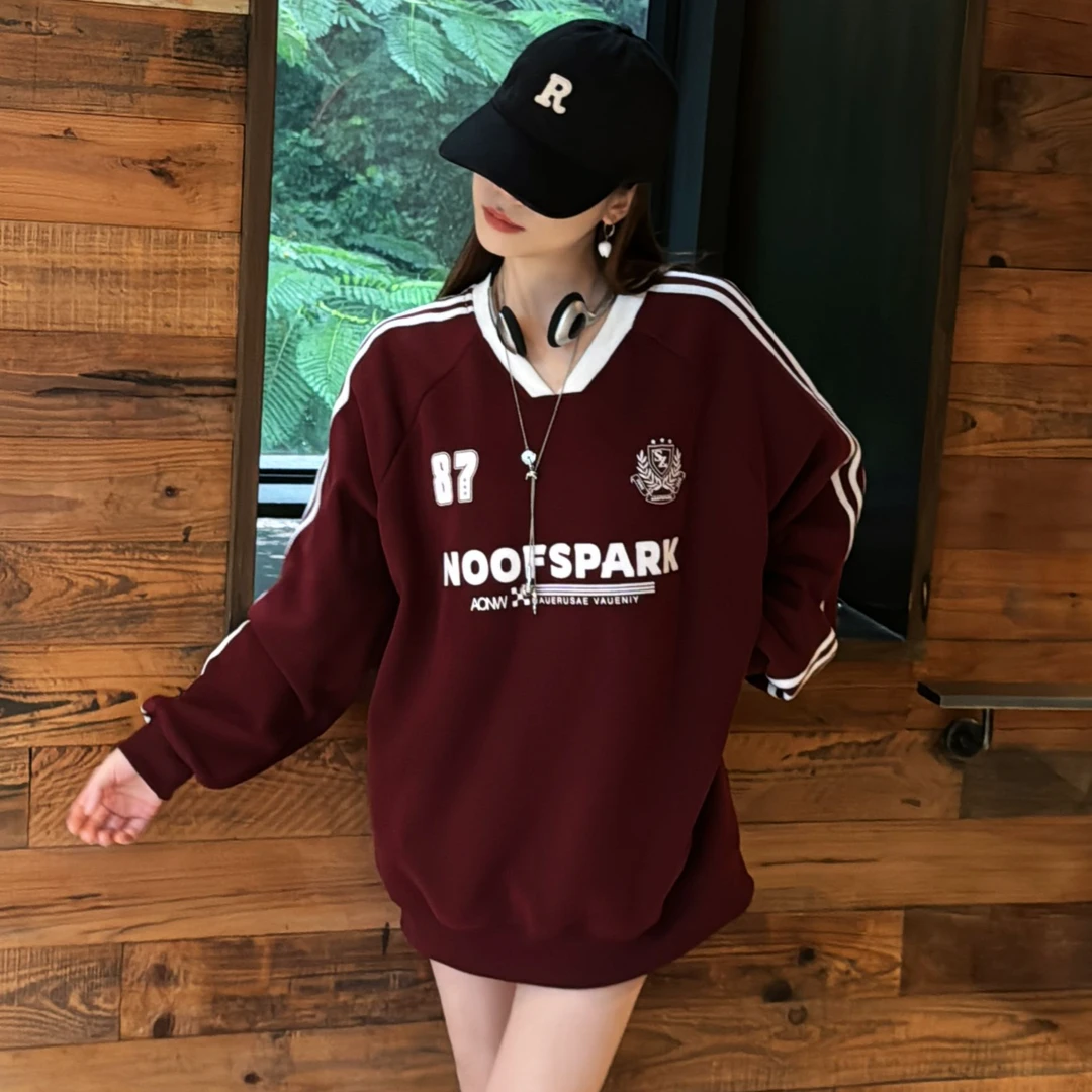 美式街头嘻哈字母印花卫衣女原创潮牌高街潮酷情侣加绒V领卫衣