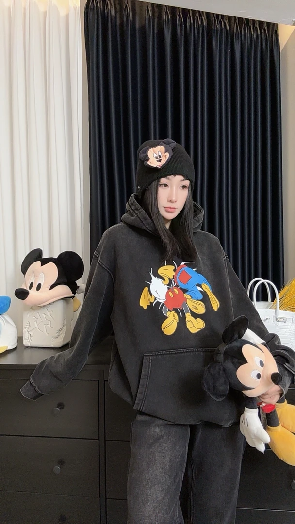 【劉發發】W373【奔跑吧】新款时尚韩版宽松加绒厚款卡通连帽卫衣