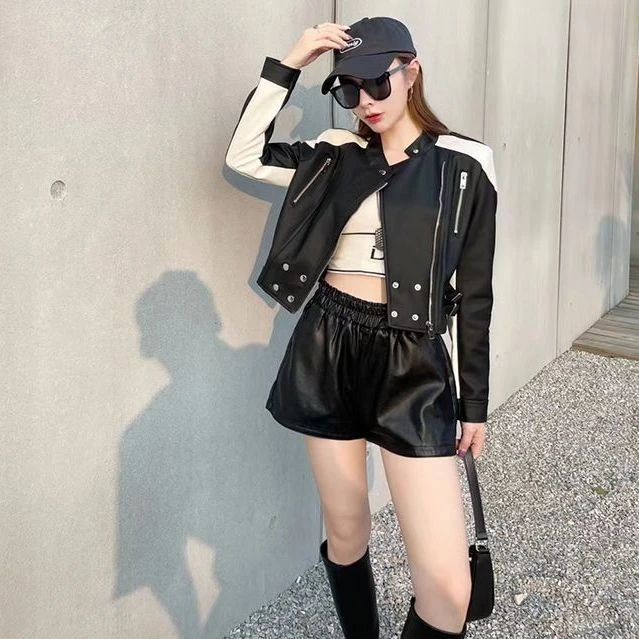 小个子皮衣女外套2024春秋新款时尚设计感个性撞色机车服短款夹克