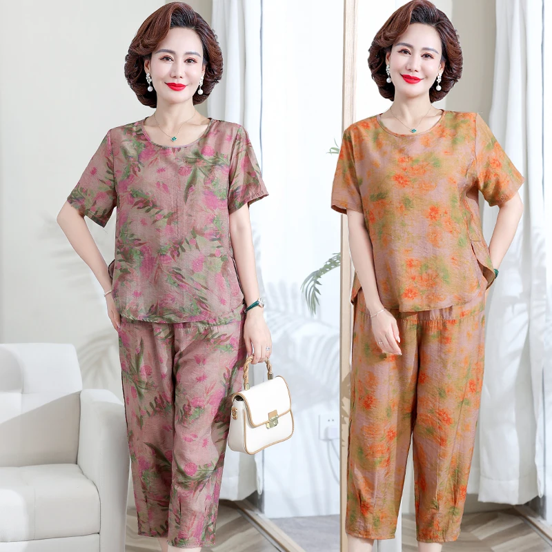 新款妈妈夏装洋气套装中老年人女两件套50-60岁短袖t恤上衣奶奶装