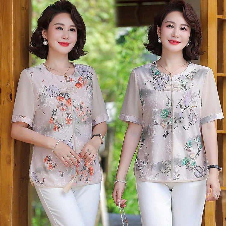 妈妈夏装清凉透气短袖T恤中老年人夏季宽松显瘦冰丝小衫老人上衣