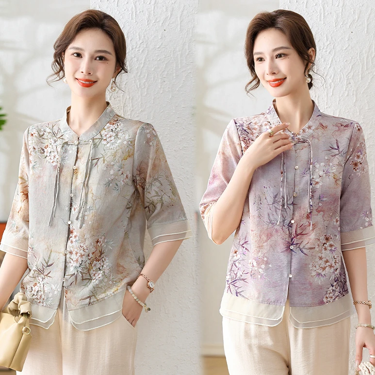 2024新款夏季新中式T恤妈妈装中袖衬衫时尚中年女装显瘦洋气上衣