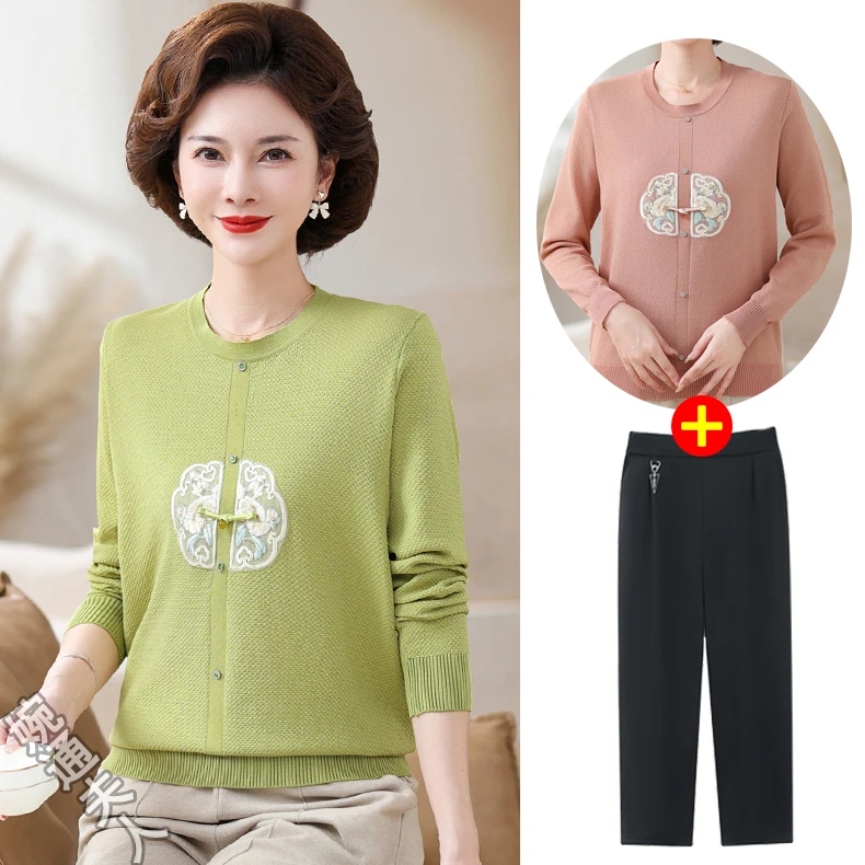 中年妈妈秋季装国风上衣刺绣小衫2024年圆领打底衫新中式长袖毛衣