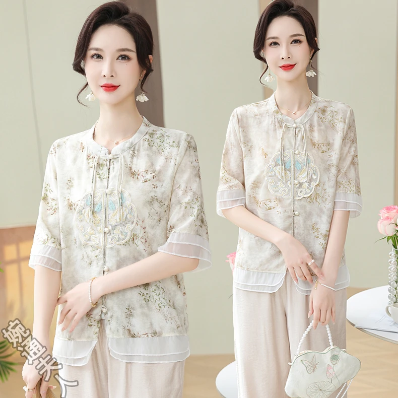 中老年女夏装新中式短袖上衣新款衬衫妈妈装气质洋气国风小衫套装
