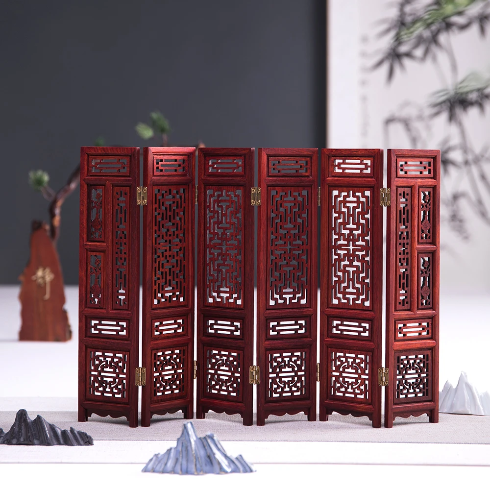 红回纹屏风大号 书房桌面微缩摆件